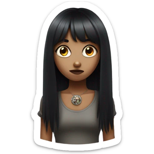 draw an emoji of a girl with long black hair down to her waist with bangs, a zombie-shaped nose ring sticker