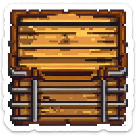 Flat 2D wooden crate with metal reinforcements, color #c2410c with darker wood grain, visible wood grain texture, metal bands across the crate, no perspective, flat 2D appearance, breakable look, simple warning symbol, 32x32 pixels sticker