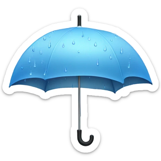 Design an emoji of a rainy outdoor scene, with a small umbrella, falling raindrops, and a misty background of trees or a city skyline. Use soft gray, blue, and pastel accents to give it a calming, moody vibe. sticker