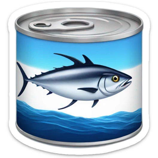 Realistic small can of tuna showing a blue sailling boat on a sea background sticker