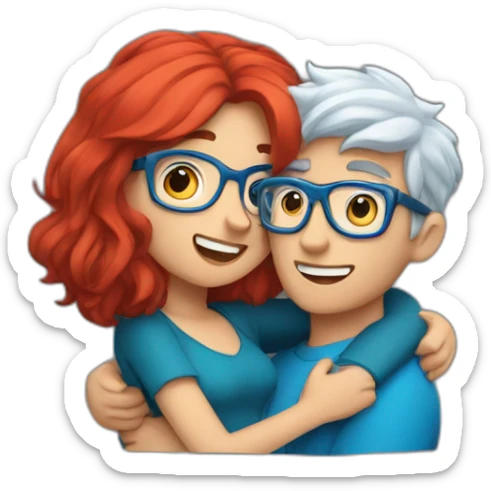 a boy with silver hair and a curvy girl with red hair and blue glasses hugging sticker
