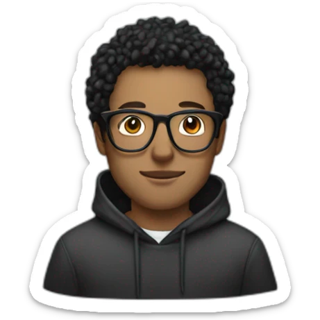 White Man with black carly hair wearing glasses and hoodie sit Infront of laptop sticker