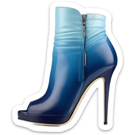 Realistic isolated front facing pair of navy blue to pastel blue ombre Jimmy Choo stiletto heel ankle bootie boots. sticker