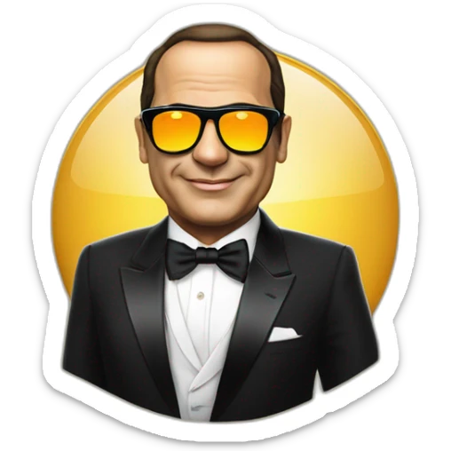 Satirical cartoon Egyptian President Al Sisi in a tuxedo wearing sun glasses with egyptian flag sticker