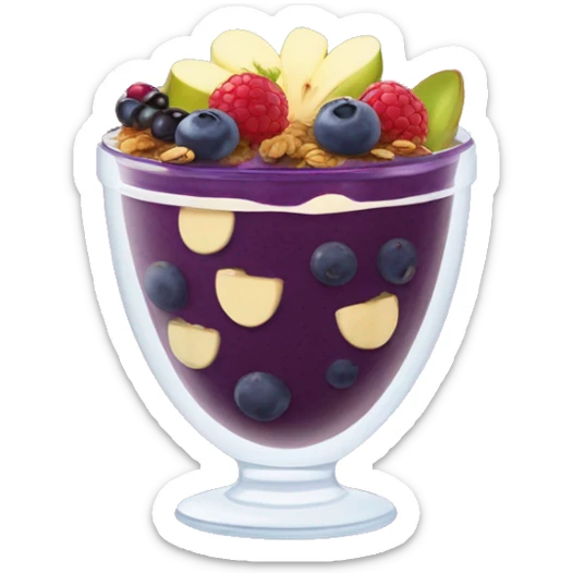 Açaí in a clear cup with layers of fruits and granola and condensed milk sticker