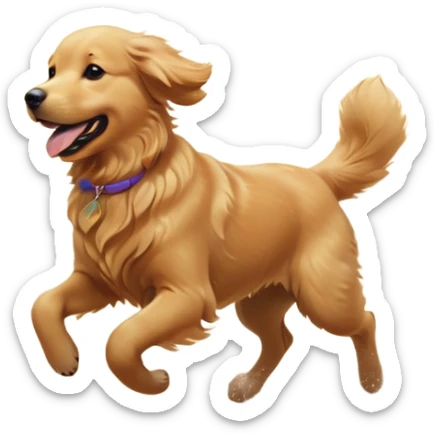 A Golden Retriever running on a beach at sunset, fur blowing in the wind, joyful expression. Motion capture, golden hour lighting, realistic water reflections. sticker