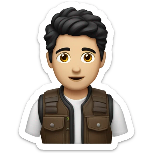 story maker, white boy, Black hair, brown eyes, wearing a photo vest sticker