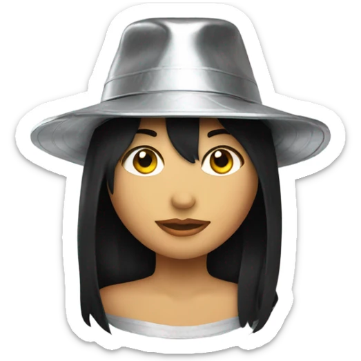 Girl with black hair wearing a hand made hat made of aluminum foil sticker