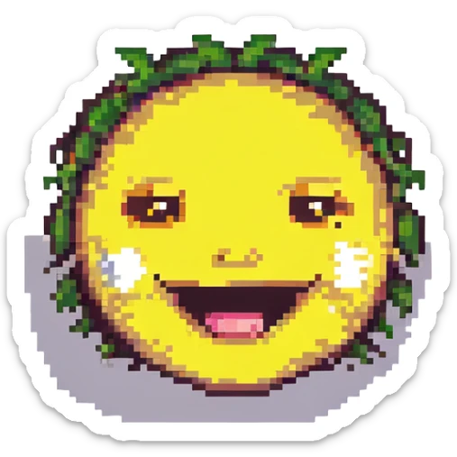 laughing emoji, yellow face, open mouth, smiling eyes, pixel art style sticker