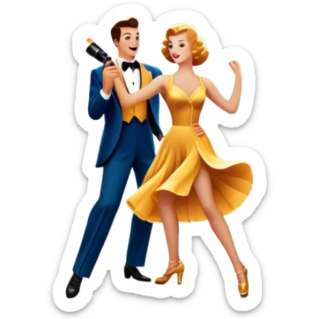 Vintage movie poster-style icon for a musical film. A vibrant street scene with bright lights, dancers mid-step, a singer with a microphone, and a jazz band playing. The cityscape glows in the background, evoking the golden era of musicals. Transparent background. sticker