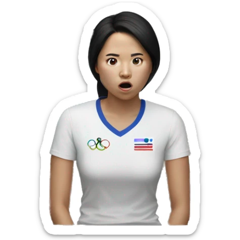 A Korean woman is flipping through TV channels at home and comes across the Olympic games. Her expression is blank sticker