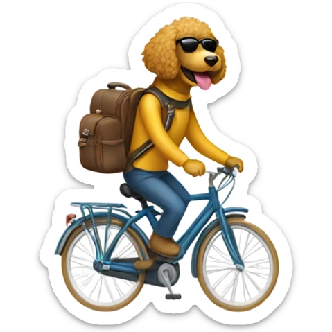 Human riding a bike with a backpack. Dog is a golden doodle. Put the dog in the humans backpack. There’s a dog in the backpack and it is wearing sunglasses  sticker