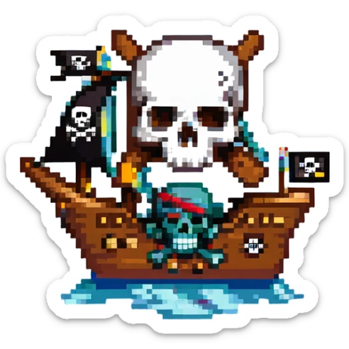 A pirate ship sailing on the open sea, with a skull and crossbones flag flying high, and pirates wearing bandanas and eye patches sticker