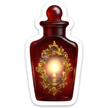 Dark red magic fairy light sparkling old Antique oil perfume bottle with herbal and flowers sticker