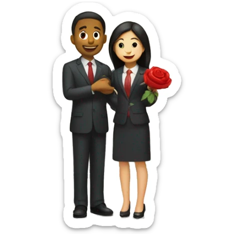 A girl wearing a suit holding a rose and purposing a tall dushy guy infront of a temple  sticker