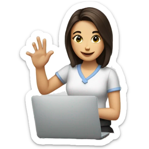 The girl is a brunette, in the hands of documents, she is at work at a laptop, makes a gesture with her hand ok sticker