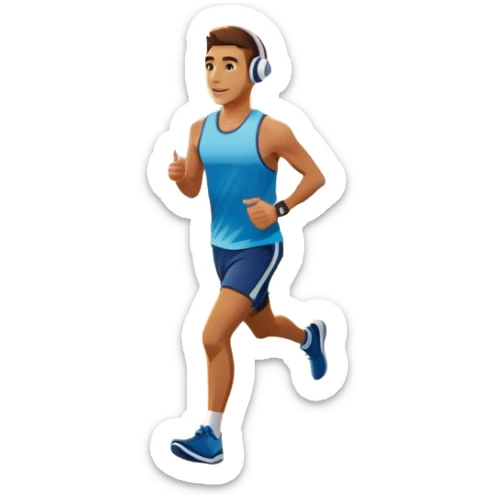 A runner wearing sports headphones jogs along a scenic waterfront promenade. The path is lined with trees, and the calm water reflects the golden hues of sunrise. In the background, a city skyline and distant mountains create a picturesque view. Transparent background enhances the motion. sticker