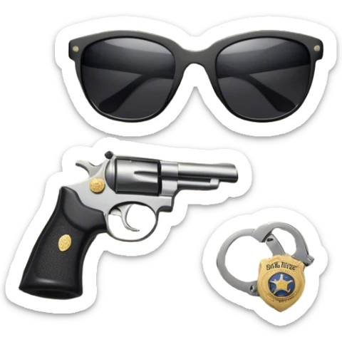 Icon for Action & Crime Reading: an open book, a revolver, handcuffs. Surrounding elements include a dark alley, a police badge, and a pair of sunglasses. The icon should evoke tension, suspense, and action.  Transparent background. sticker