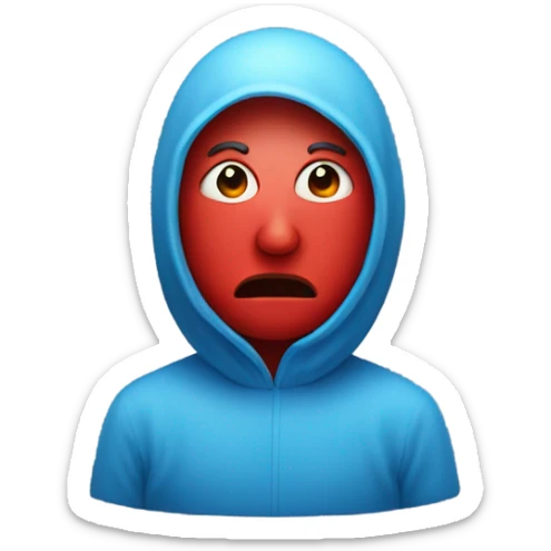 A Person with red all over their face no eyes no mouth no ears no hair that has a little blue round thing covering their sight sticker