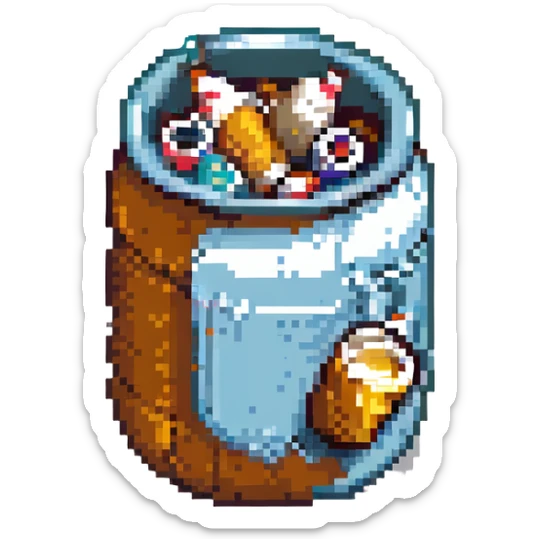 Add a few cigarette butts near the base of the craft beer can in pixel art style. Keep the background transparent. sticker