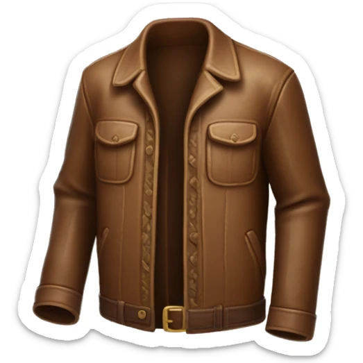 Crear un emoji de una chaqueta de cuero marrón estilo Indiana Jones, con detalles realistas como bolsillos y correas. sticker