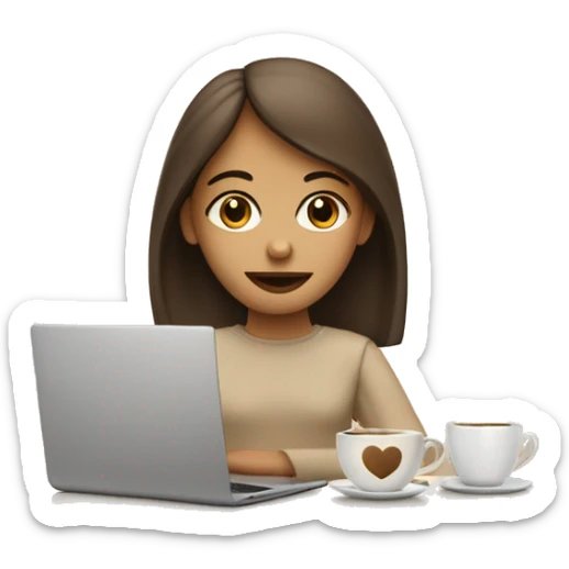 Half face of a girl at the laptop. A a cup of coffee on the left side of the table. Books on the right side. in beige tones sticker