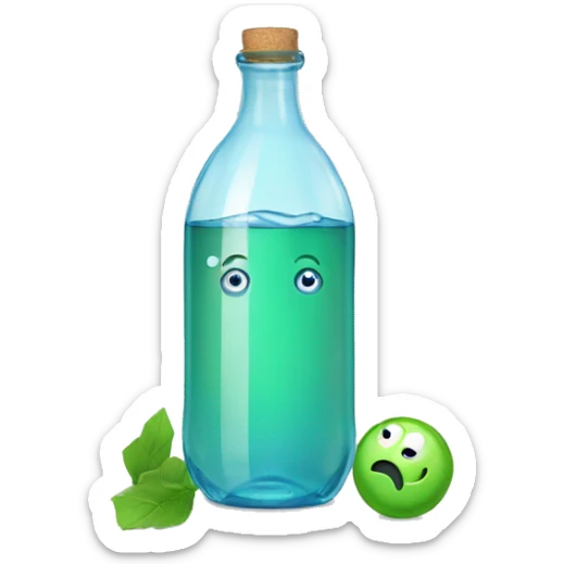 bottle of water with hole in botton with glass on top with green stuff sticker