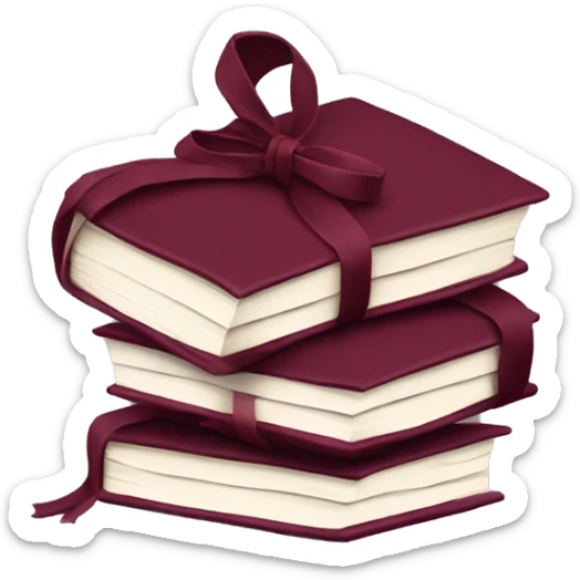 burgundy books stacked up and tied together by a burgundy bow sticker
