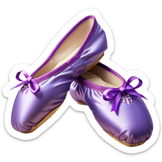 cinematic-realistic-ballet-shoes,-soft-satin-purple-pointe-shoes-with-delicate-ribbons,-resting-gently-on-a-polished-wooden-floor,-subtle-creases-in-the-fabric,-glowing-under-the-warm-golden-light-of-a-rehearsal-studio,-evoking-ele sticker