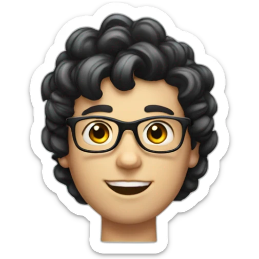 a white Boy with black hair and curlers, and with glasses on, wearing a shirt sticker