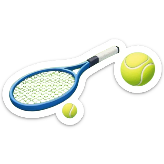 A tennis racket and ball placed on the grass court, with the lines of the court clearly visible in the background. The scene captures the essence of the sport, highlighting the equipment and the vibrant, open atmosphere of a tennis match sticker