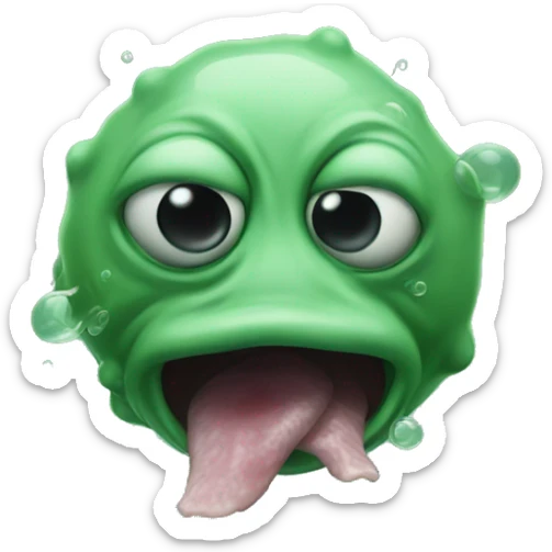 do face resembles a heavily malformed green blobfish, with a bulbous green nose, black eye sockets, and green smoke coming from its mouth. Its features are distorted, with its open mouth taking up the majority of its face emoji. sticker