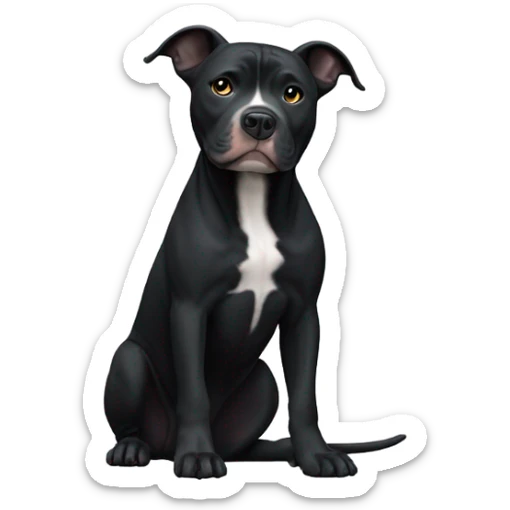 A black pitbull with his point ears are flopping and on the right side of its snout is white and the rest of its face is black except it has a thin white stripe on its forehead and a tiny bit oh white on its back neck and it’s got white feet  sticker