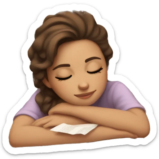 girl with light skin, brown eyes, brown hair sleeping on a pile of paper and books sticker