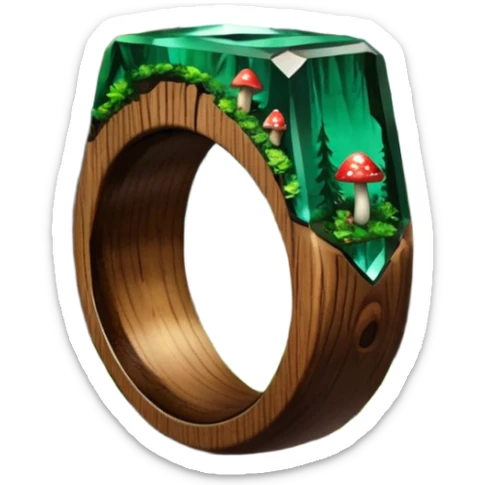 dark wood ring with epoxy resin in forest green pines and mushrooms crystal sticker