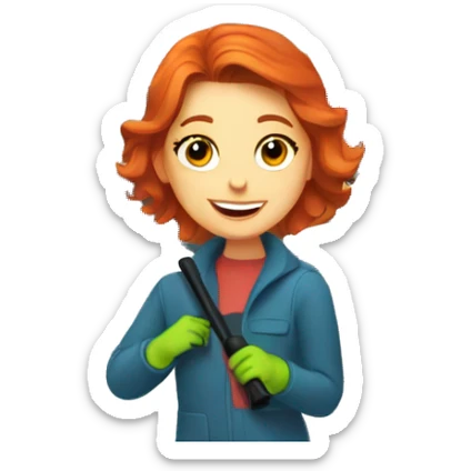 Redhead cleaning snow off cars in a car dealership sticker