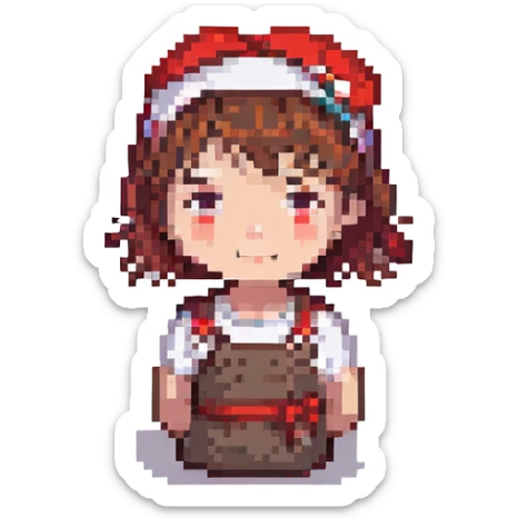 girl with short brown hair and a red headband, pixel art style sticker
