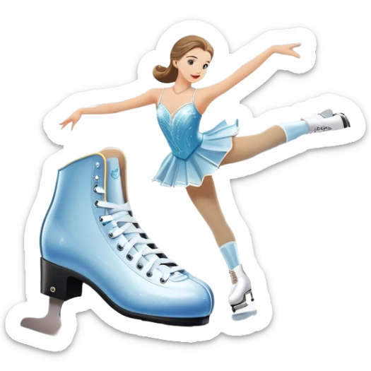 An icon showing elegant figure skates in close-up on a glossy ice surface, with a graceful skater performing in the background. The scene is set inside a grand indoor ice arena with spotlights, decorative banners, and a cheering audience. Transparent background. sticker