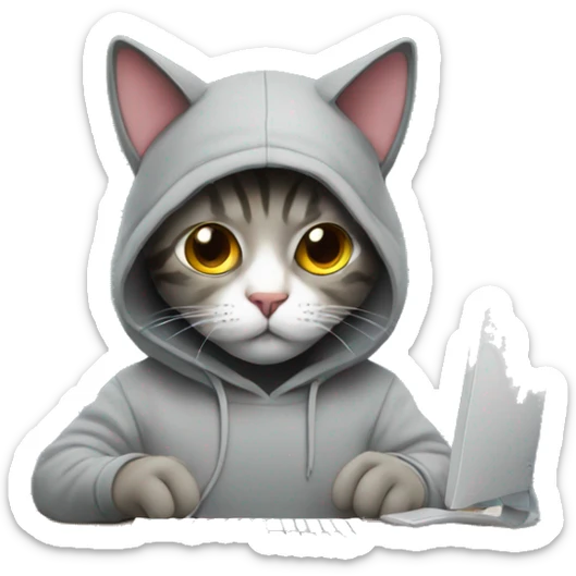 cat is a graphic designer in a hoodie and headphones, working at a computer in photoshop sticker