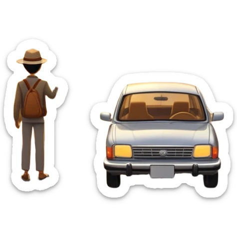 A parked car rests on the side of a long with a person outside , empty road stretching toward a golden sunset. The sky glows with warm colors, and the landscape ahead feels open, peaceful, and full of promise. love  sticker