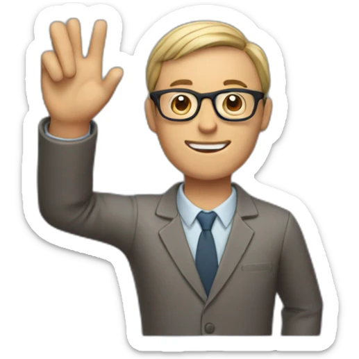 man wearing glasses and holding a computer in his right hand and signaling OK with his left hand sticker