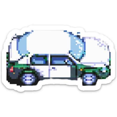 pixel art of a car swerving with a bottle nearby, representing drunk driving sticker