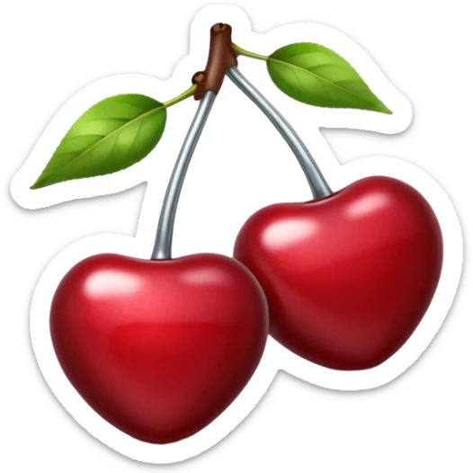 A pair of cherries emoji made of polished silver chrome, smooth rounded shapes, glossy metallic finish, soft highlights and reflections, cute proportions, iOS emoji style, centered, clean white background, no text sticker