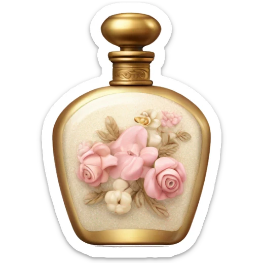 Vintage perfume bottle in antique Greek style, white, pink and beige, oil perfume inside, sequins and flowers fluttering around sticker