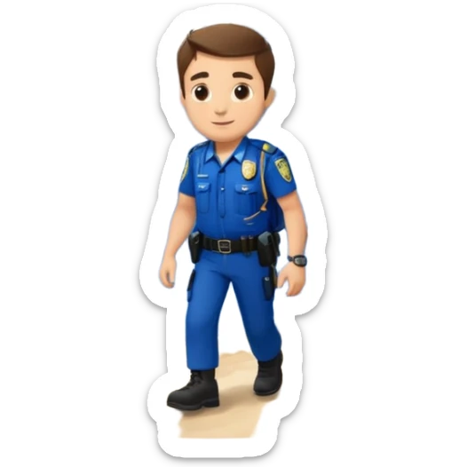 Adventurous man hiking with a police badge with mountains in the background. The French flag is on a tree sticker