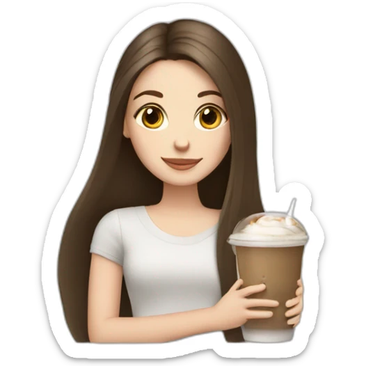 a brunette white girl with long straight hair holding an iPad and an Ice Latte sticker