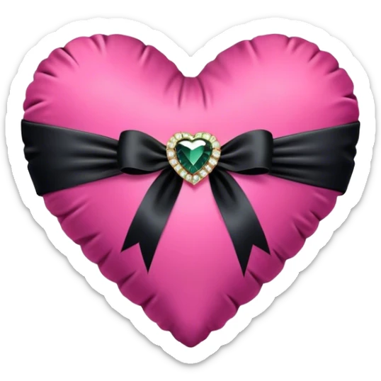 "A heart-shaped velvet cushion tied with a silky black ribbon and adorned with a sparkling gem centerpiece."
 sticker