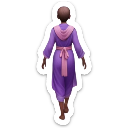 A small figure walks back across a foggy bridge, holding soft pink and purple orbs in each hand—symbolizing compassion and forgiveness. A gentle heart aura trails behind them, showing healing in motion. sticker