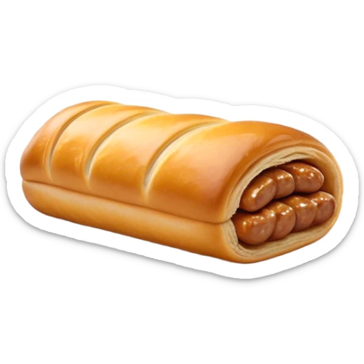 Cinematic Realistic Sausage Roll Dish Emoji, depicted with a crisp, golden pastry wrapped around flavorful sausage, rendered with detailed textures and appetizing lighting. sticker