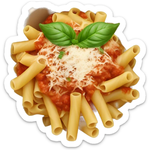 a bowl of pasta with tomato sauce and a sprig of basil and parmesan cheese on top sticker